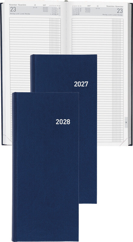 Biella Tower Agenda – 1 Tag/2 Seiten, gebunden, 13,5 × 31,5 cm, 2026, mehrsprachig, dunkelblau, FSC