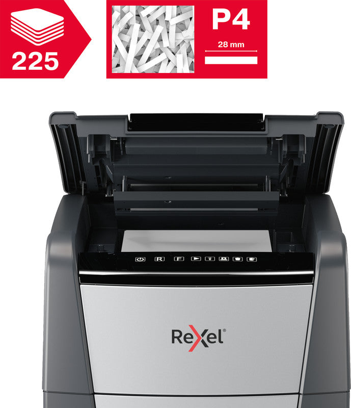 Rexel Optimum AutoFeed+ 225X – Aktenvernichter mit Autofeed 225 Blatt, DIN P-4, Partikelschnitt 4 × 25 mm, 60