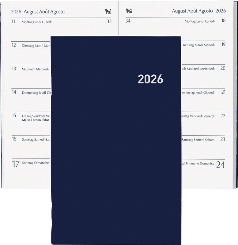 Biella Pratique Agenda – 1 Woche/1 Seite, gebunden, 8,7 × 13,6 cm, 2026, mehrsprachig, dunkelblau, PEFC