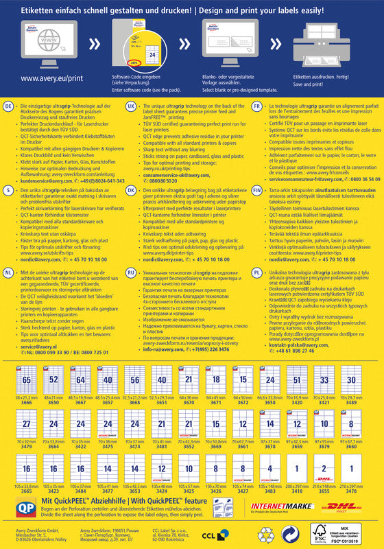 Avery Druckeretiketten, 65 mm × 34 mm, weiss, Papier, permanent, Packung 100 Blatt (2400 Etiketten)
