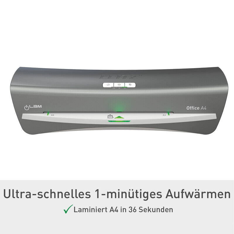 Leitz iLAM Office Laminiergerät A4 – 2-Rollen, 75–125 µm, 1 Min. Aufheizzeit, 500 mm/min, Silber