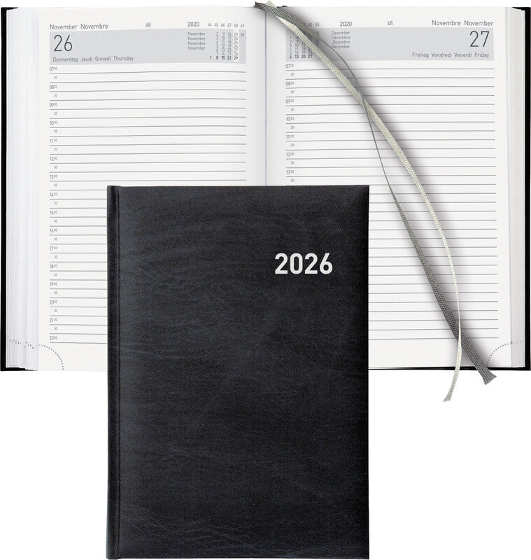 Biella Executive Agenda – 1 Tag pro Seite, gebunden, 14,5 × 20,5 cm, 2026, 1/2-Stunden-Takt, schwarz, FSC