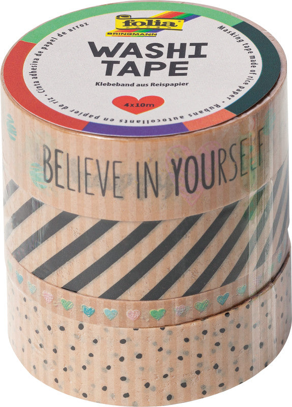Folia Washi Tape Set Kraftpapier – 1× 5 mm × 10 m, 3× 15 mm × 10 m, mehrfarbig