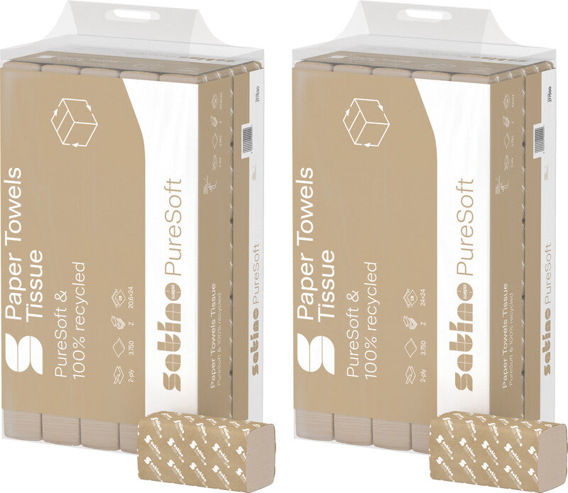 Satino puresoft Falthandtücher Z-Falz – 2-lagig, natur, Recyclingpapier – 240 × 240 mm – Pack 25 × 150 Blatt