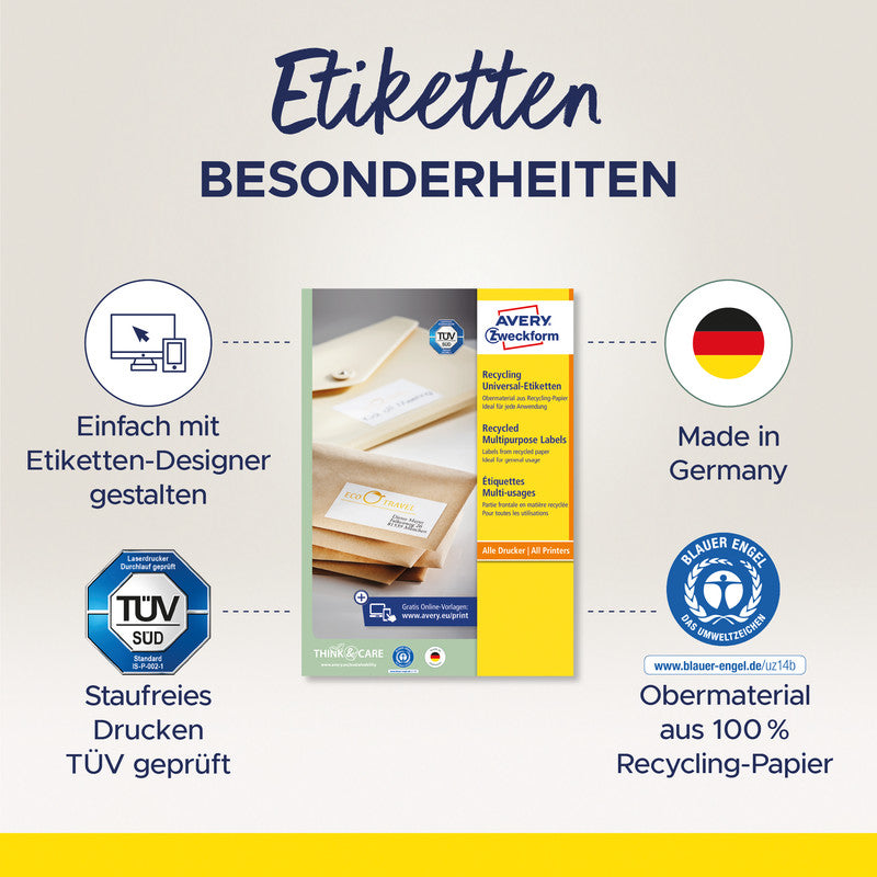 Avery Etiketten, 105 mm × 148 mm, naturweiss, Altpapier, permanent, 10 Blatt (40 Etiketten)