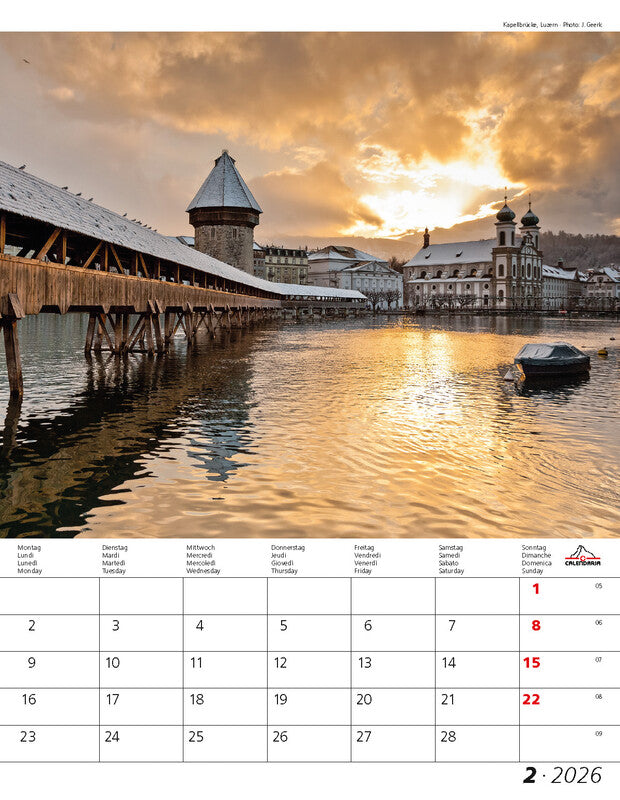 Calendaria Bildkalender Berge und Täler der Schweiz 2026 – 30 × 40 cm – mit Tagesfeldern, mit Aufhänger