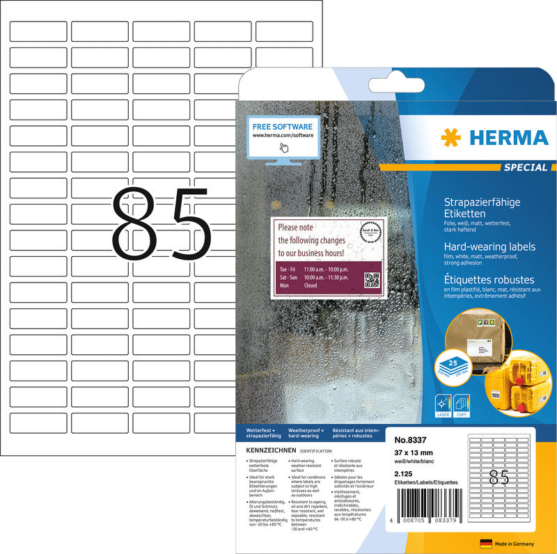 HERMA Etiketten A4 37 × 13 mm – Folie, matt, weiss – extra stark – Laser – 85/Blatt, 25 Blätter (2'125 Stk.)