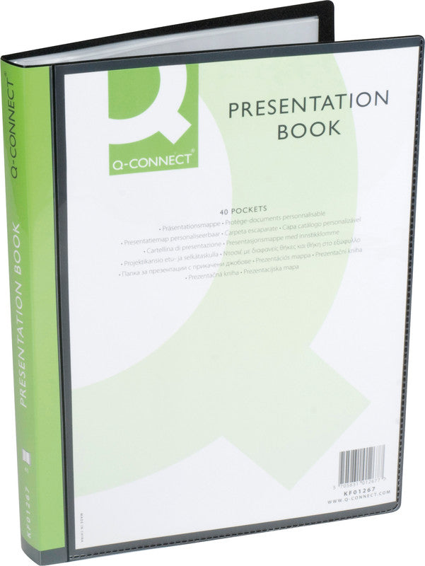 Q-CONNECT Sichtbuch – 40 Sichttaschen, A4, mit Fronttasche, genarbt, antireflex, schwarz, Kunststoff