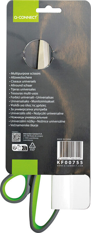 Q-connect Universalschere – 25,5 cm, Edelstahl, für Rechts- und Linkshänder, spitz, Softgrip, Kunststoff, grün