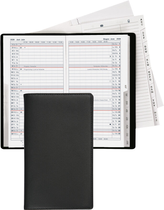 Biella Luzern Agenda – 1 Monat/2 Seiten, geheftet, 8,7 × 15,3 cm, 15 Monate Okt–Dez, 2026, schwarz, FSC