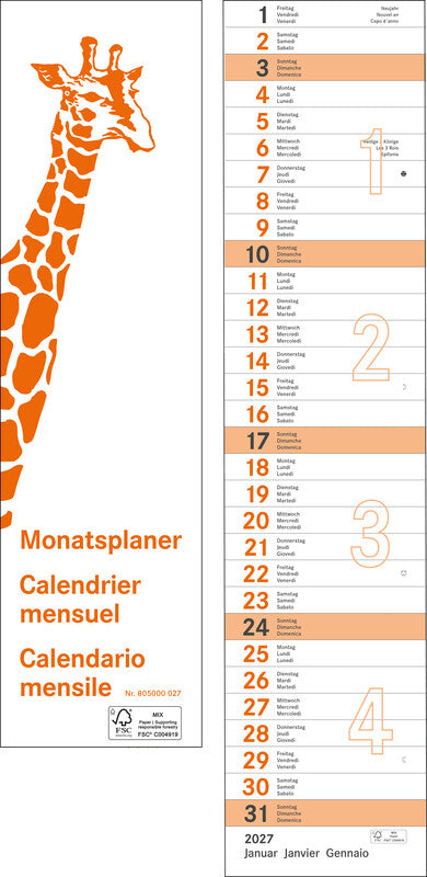 Giraffenkalender Wandkalender – dreisprachig d/f/i – 2026 – Datumsschieber – Spiralbindung – 12 × 55 cm