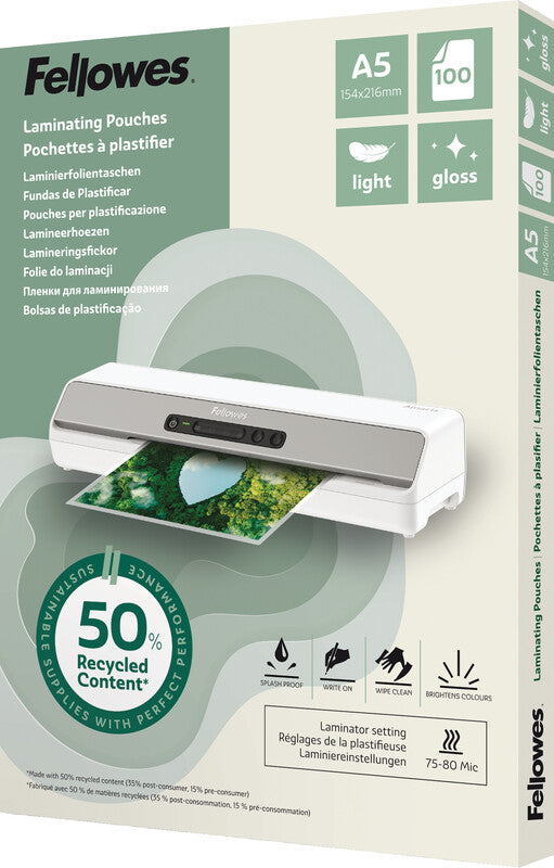 Fellowes Laminierfolien A5 – 80 µm, glänzend, 100 Stück