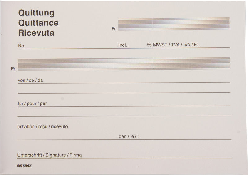Simplex Formularblock – Quittungen, mehrsprachig, 50 Blatt, A6