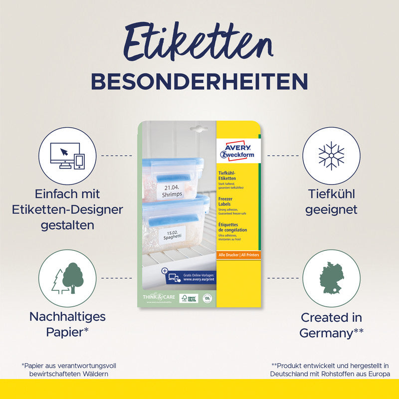 Avery Druckeretiketten, A4, 63,5 mm × 33,9 mm, weiss, Papier, permanent, 25 Blatt (600 Etiketten)