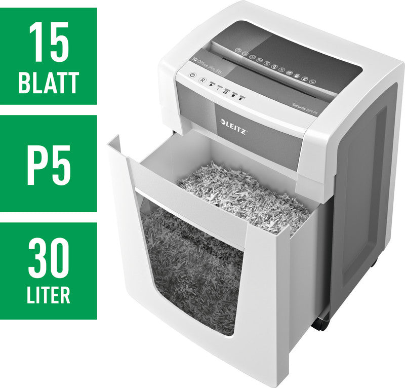 Leitz IQ Office Pro – Aktenvernichter, DIN P-5, Mikroschnitt 2 × 15 mm, 15 Blatt, 30 l, A4