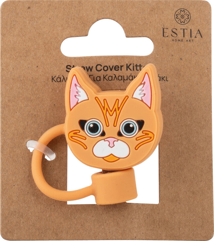 Estia Strohhalm-Schutz, 2,5 × 1,8 × 7,5 cm, Silikon, Braun, Motiv Katze