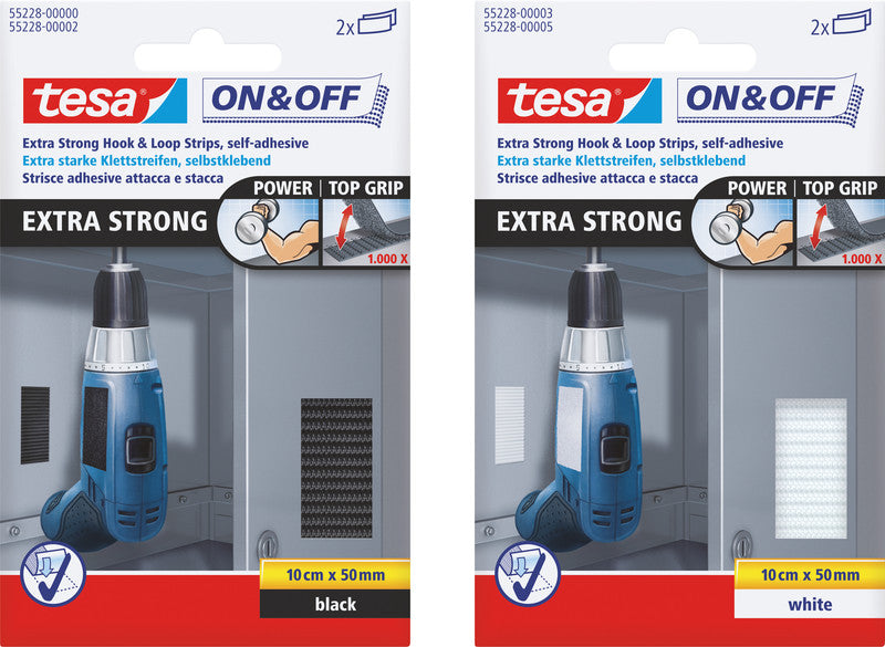 TESA Klettstreifen on&off – extra stark, 50 mm × 0,1 m, weiss, 2 Stück