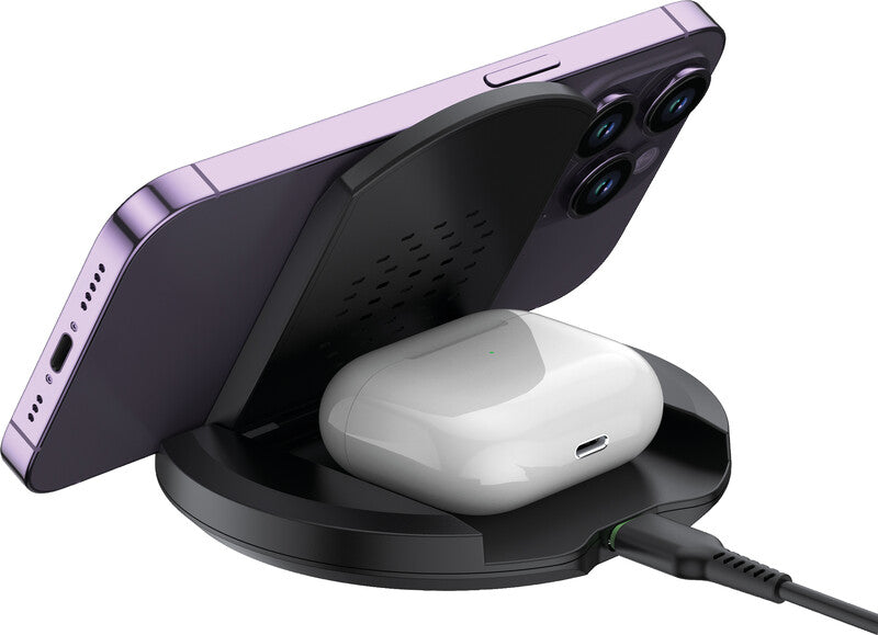 Budi Wireless Fast Charger 2-in-1 Ladeständer – 15 W/2,5 W – faltbar – für Smartphone und AirPods – Schwarz