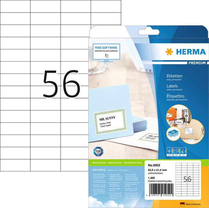 HERMA Druckeretiketten, 53 mm × 21 mm, weiss, Papier, permanent, 25 Blatt