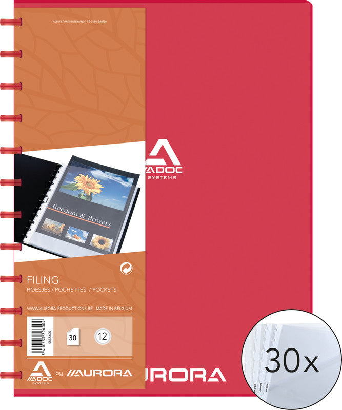 Adoc Bind-Ex Aurora Sichtbuch – 30 Sichttaschen, A4, austauschbar, genarbt, antireflex, rot, Kunststoff