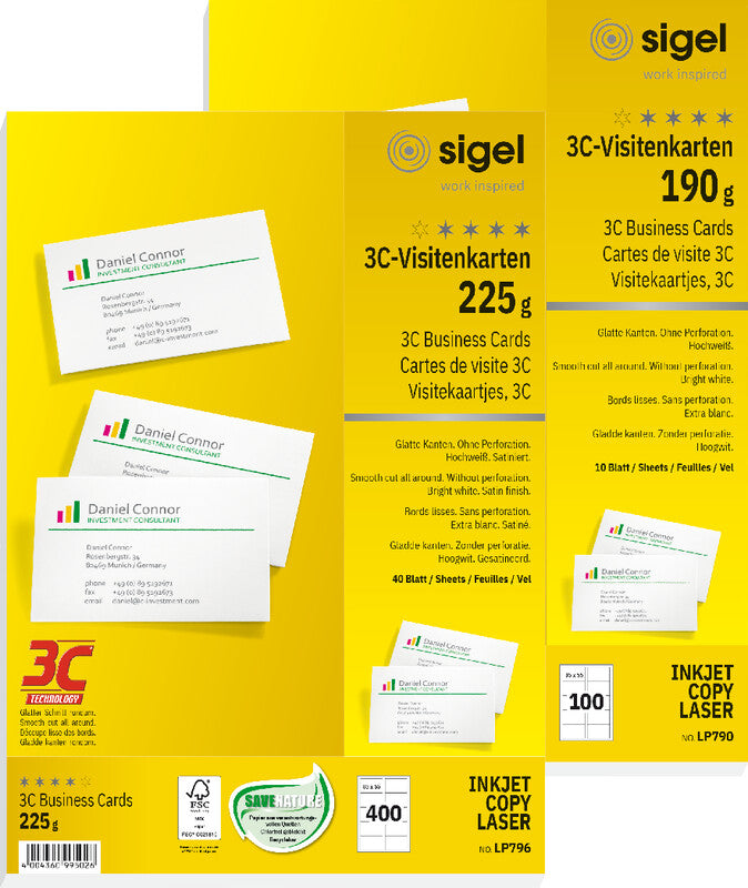Sigel Visitenkarten, 85 × 55 mm, 190 g/m² – für Laser/Inkjet/Kopierer – A4, 10/Blatt – 400 Karten