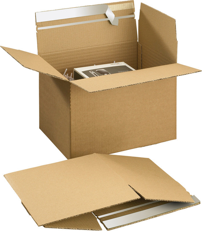 Elco Aufrichtekarton – 445 × 315 × 180–300 mm, Automatikboden, selbstklebend, Aufreissband, braun