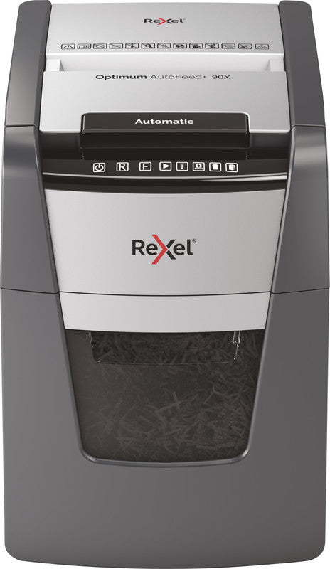 Rexel Optimum AutoFeed+ 90X – Aktenvernichter mit Autofeed 90 Blatt, DIN P-4, Partikelschnitt 4 × 28 mm, 34 l