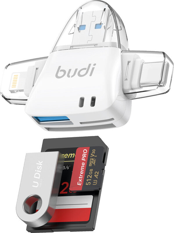 Budi USB-Kartenleser USB-A/USB-C/Lightning – SD/microSD, Nano-SIM – mit Etui – für Windows, Mac, Android/iOS