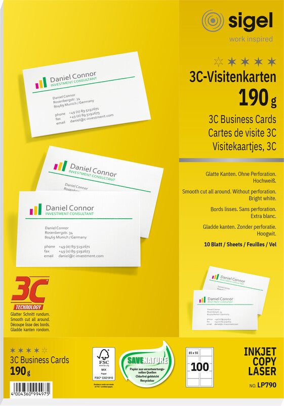 Sigel Visitenkarten, 85 × 55 mm – für Laser/Inkjet/Kopierer – A4, 10 pro Blatt – 100 Karten – FSC-zertifiziert