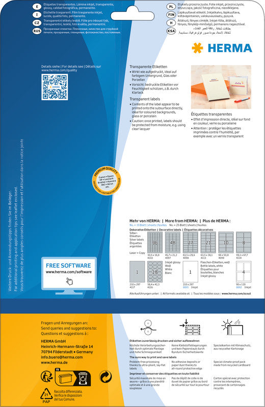HERMA Inkjet-Etiketten, 210 mm × 297 mm, transparent, Folie, permanent, 10 Blatt