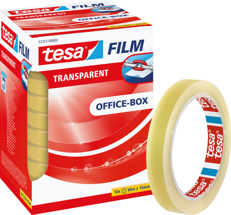 TESA Büro-Klebeband – permanent, klar, Kunststoff, 15 mm × 66 m, Kern Ø 76 mm