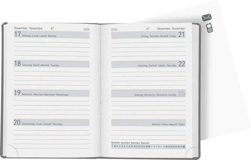 Biella Memento Trend Agenda – 1 Woche/2 Seiten, gebunden, 10,1 × 14,2 cm, Jan–Dez, Flower, FSC