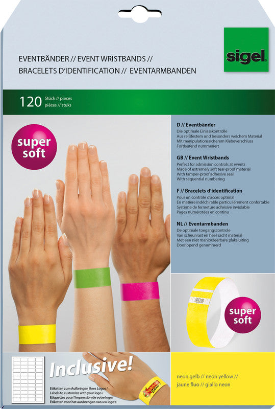 Sigel Eventband – 25 × 255 mm, Neongelb, Kunststoff, fortlaufend nummeriert – 120 Stk