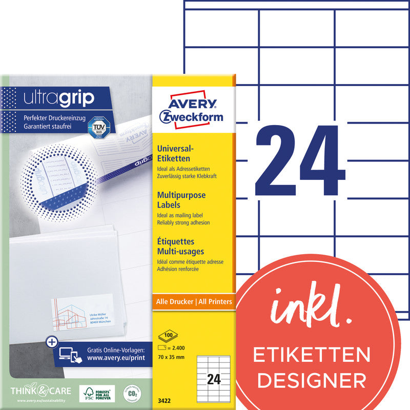 Avery Etiketten, 70 mm × 35 mm, weiss, Papier, permanent, 100 Blatt (2400 Etiketten)