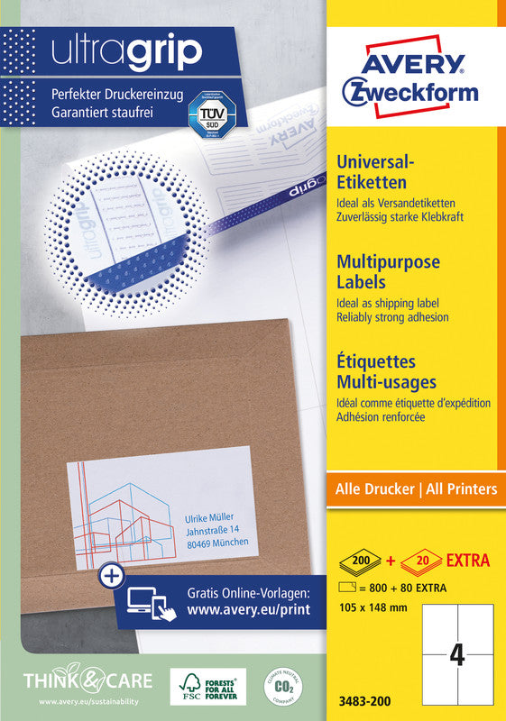 Avery Etiketten, 105 mm × 148 mm, weiss, Papier, permanent, 220 Blatt (880 Etiketten)