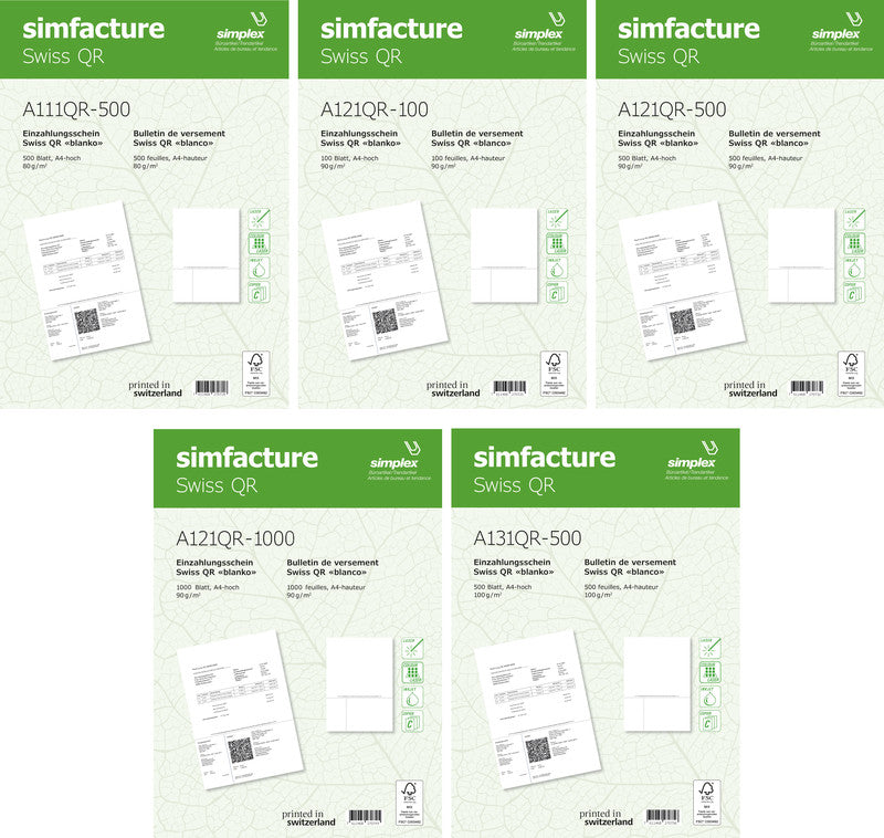 Simplex Rechnungsformular für QR-Rechnung – A4 – 90 g/m² – 1 Zahlteil – 1'000 Blatt – perforiert – FSC