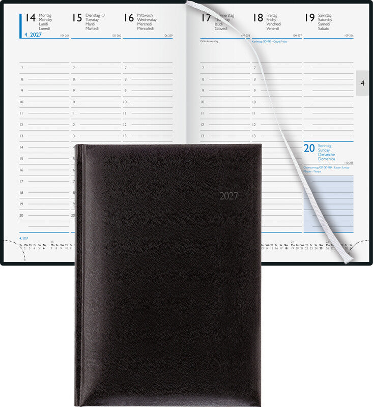 Biella Budget 7 Agenda – 1 Tag/2 Seiten, gebunden, 14,5 × 20,5 cm, 2026, 1‑h‑Takt, schwarz, FSC