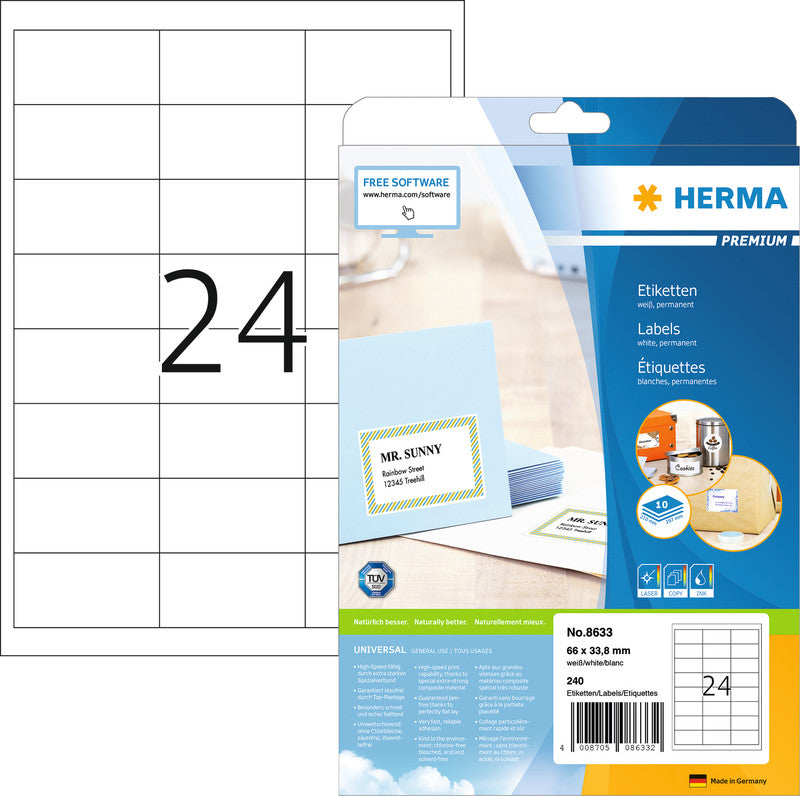 HERMA Etiketten auf Bogen, 105 mm × 57 mm, weiss, Papier, permanent, 1000 Etiketten (100 Blatt)