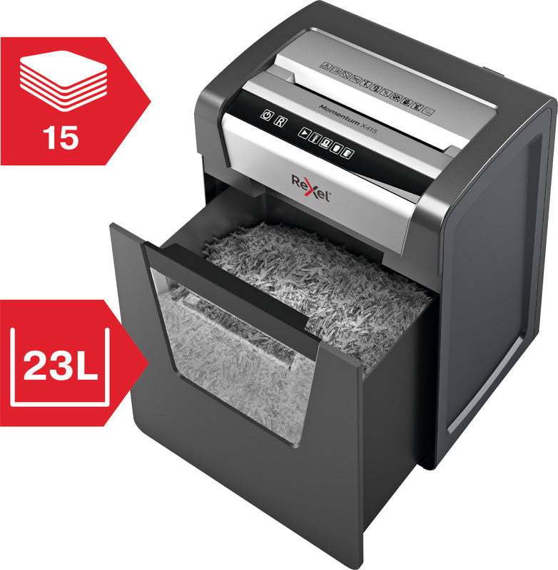 Rexel Momentum X415 – Aktenvernichter, DIN P-4, Partikelschnitt 4 × 40 mm, 15 Blatt, 23 l, A4