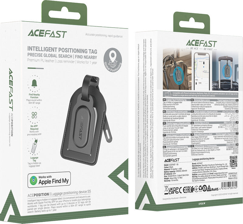Acefast Gepäckanhänger – Bluetooth, mit Apple Find My, CR2032-Batterie – für iOS – 60×93×9 mm – Schwarz