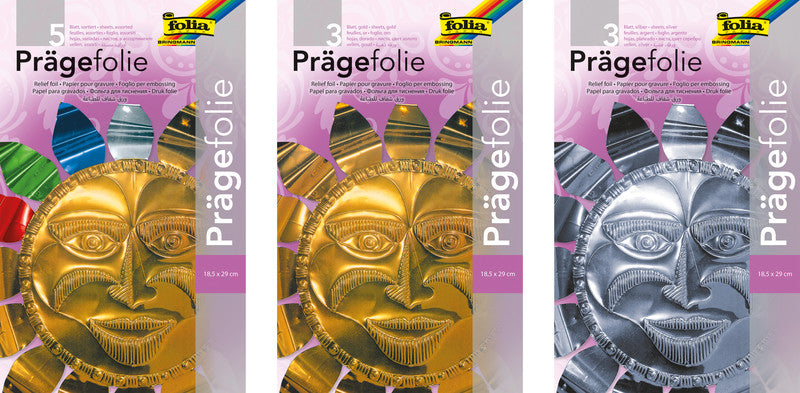 Folia Prägefolien glatt – sortiert – 185 × 290 mm, 70 µm, 5 Bogen, Aluminium