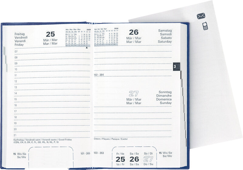 Biella Disponent Agenda – 1 Tag/Seite, gebunden, 10,1 × 16,0 cm, 2026, 1‑h‑Takt, dunkelblau, FSC