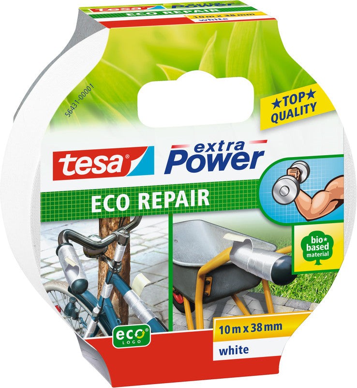 tesa Gewebeband Extra Power Eco Repair – 38 mm × 10 m, weiss, extra stark, eco:plus