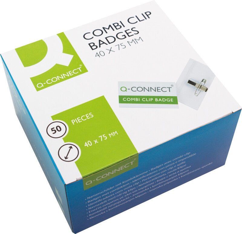 Q-CONNECT Namensschild – 75 × 40 mm, transparent, Kunststoff, mit Kombiklemme – 50 Stk