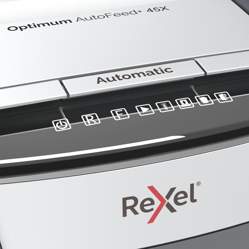 Rexel Optimum AutoFeed+ 45X – Aktenvernichter mit Autofeed 45 Blatt, DIN P-4, Partikelschnitt 4 × 28 mm, 20 l