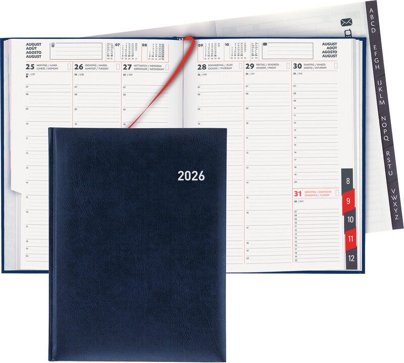 Biella Orario Agenda – 1 Woche/2 Seiten, Gebunden, 17,5 × 23,5 cm, 2026, Mehrsprachig, Dunkelblau, FSC
