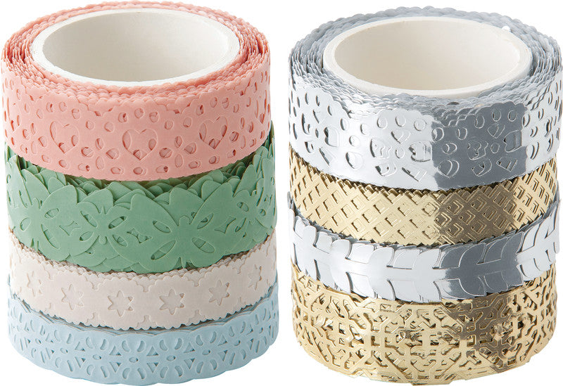 Folia Washi Tape Spitzenbordüre – wiederablösbar, Hotfoil, Papier, 25 mm × 5 m, Grau/Gold, 2 Rollen