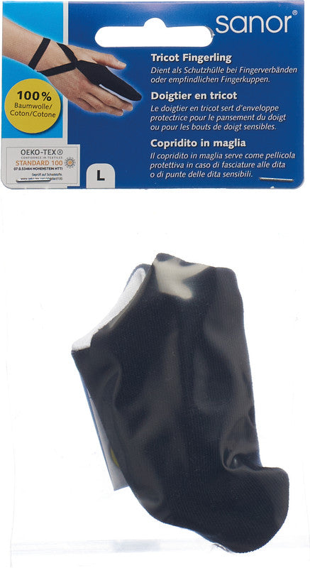 Sanor Fingerverband Fingerlinge Tricot – hautverträglich, schwarz, Baumwolle, für Finger, 140 × 55 mm, 6 Stk.