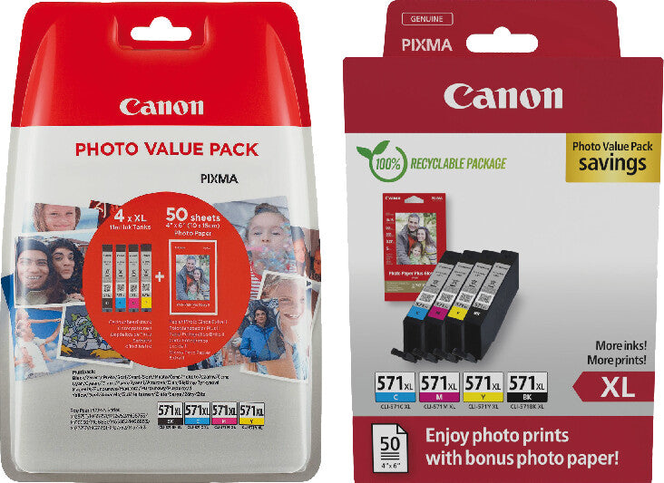 Canon Tintenpatronen-Multipack CLI-571XL, CMYK, 4er-Pack, mit Fotopapier (50 Blatt) – für Inkjetdrucker