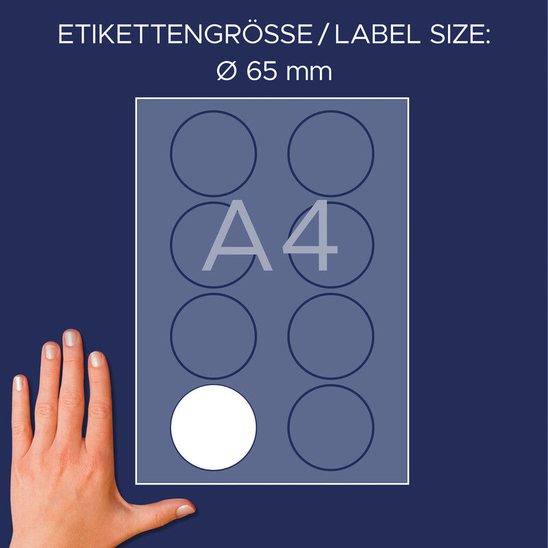 Avery Schuletiketten – Ø 65 mm, 160 Stk, 20 Bogen, Textil, ablösbar